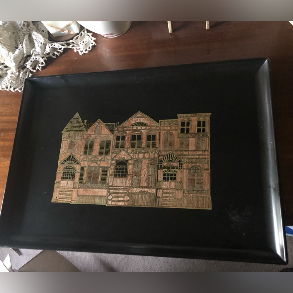 Vintage Black Tray with Gold SF House Design- 170A $50 or $45 w/offer